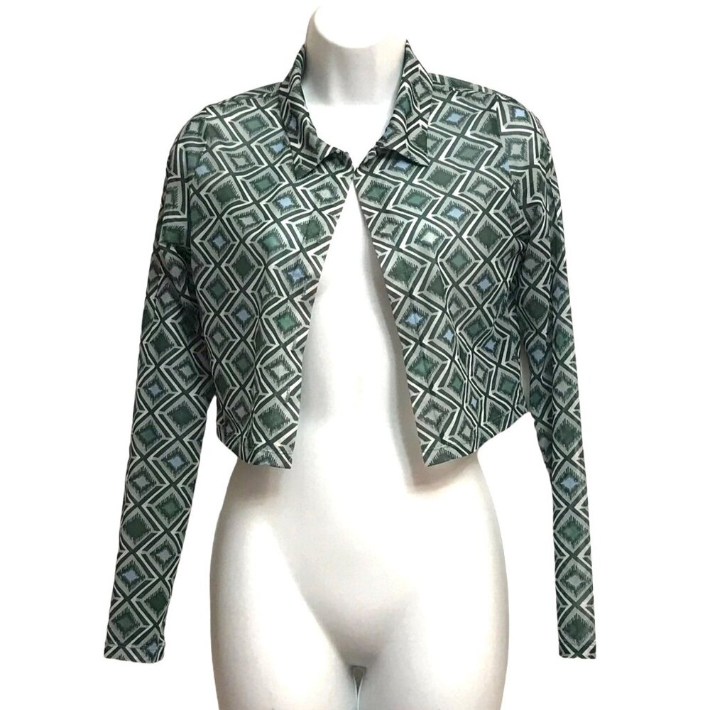 CIDER Mesh Geometric Argyle Print Long Sleeve Open Front Cropped LS Top Cardigan